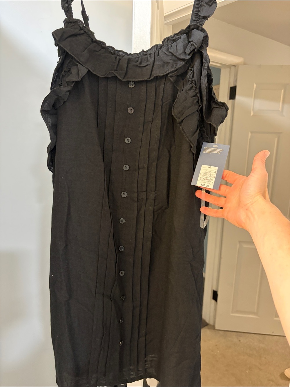 NWT Black Ruffle-Trim Button Front Midi Dress